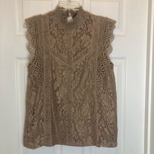 Cable and Gauge Elegant Lace Sleeveless Top - Taupe Size Large